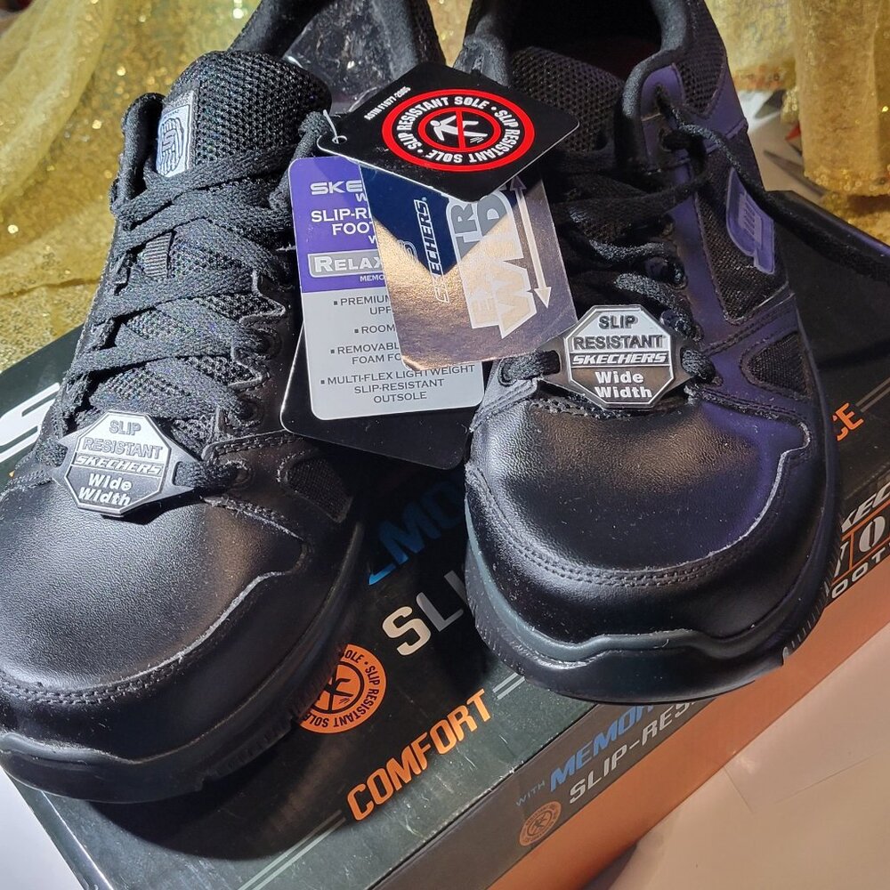 Men's Skechers work slip-resistant shoes in size 11 wide.